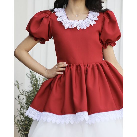 صورة فستان بناتي احمر بكلفة رقبة وطبقات تل | ألوان (عودي، أحمر، ليموني) - 1173